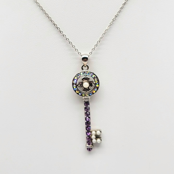 Kirks Folly Purple Aurora Borealis Key Necklace with White Pearl in Silver - Picture 6 of 13